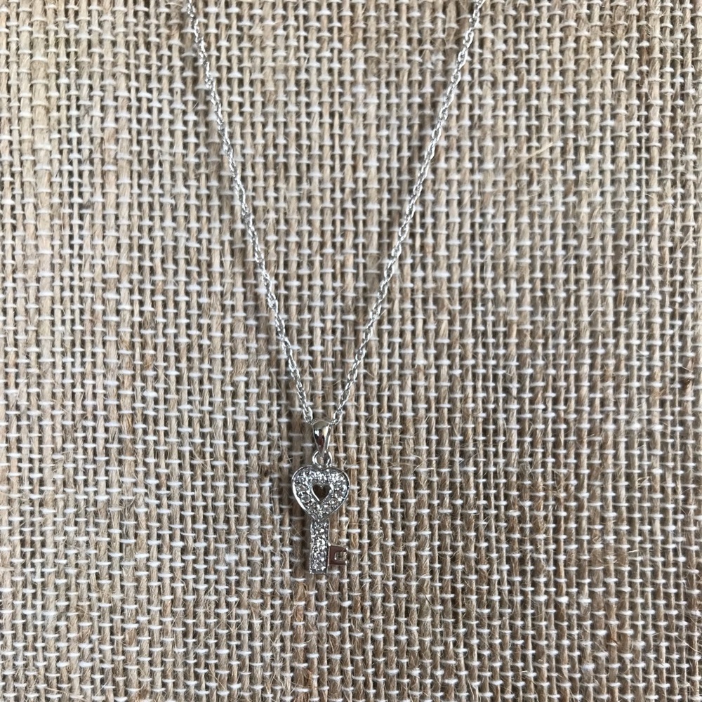 14K White Gold & Diamond Heart Key Charm Necklace